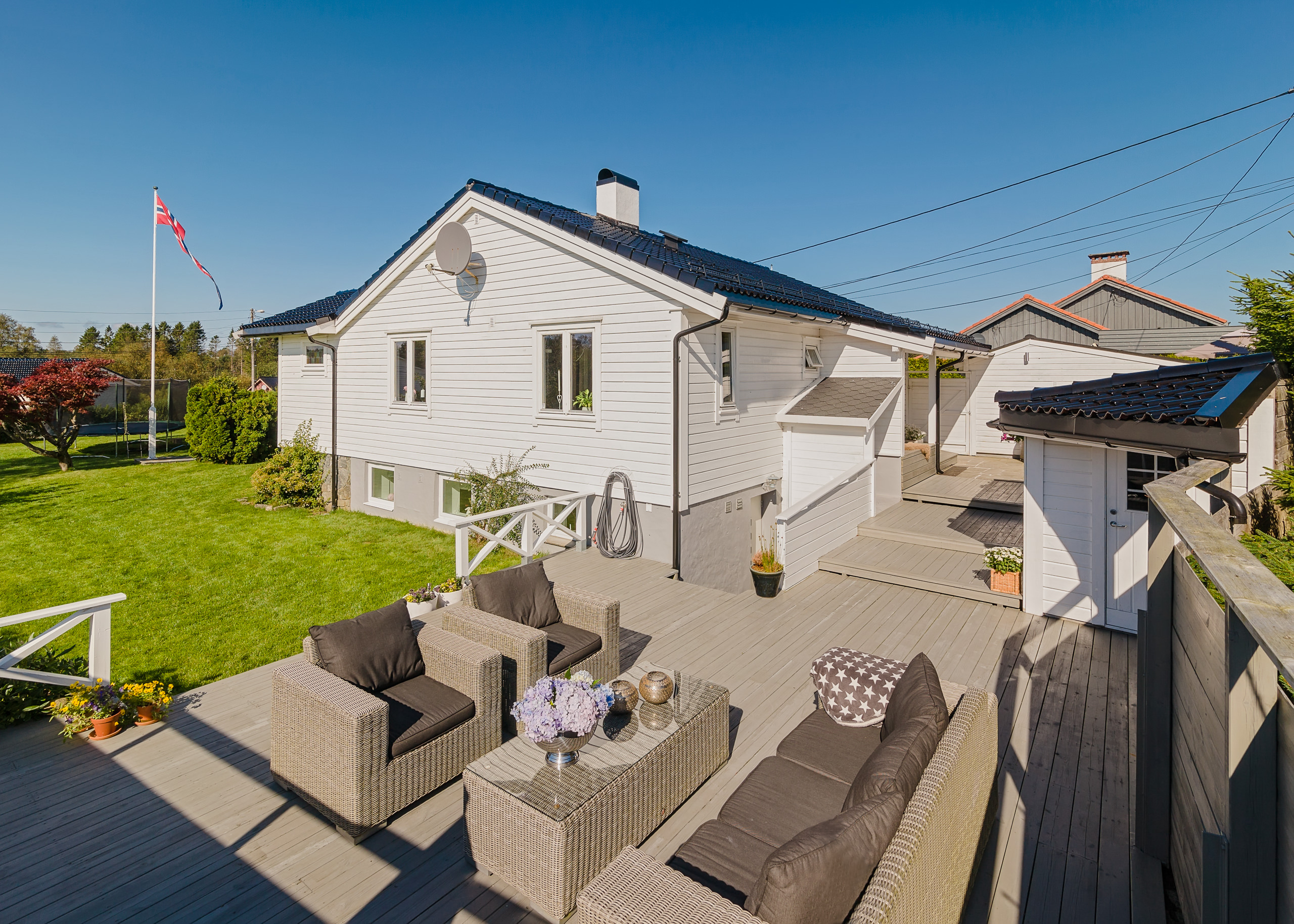 Eiendomsfoto av enebolig med stor hage og terrasse.